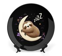 Sloth Sleeping on The Moon Decorative Plate with Display Stand Ceramic Art Crafts Ornaments for Home Office Wall Decor