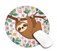 Sloth Small Mouse Pad, Playful Fanciful Leaves Stars None Peach Round Rubber Non Slip Stitched Edge Cloth Mousepad Desk Decor for Office Home Dorm Laptop Round 8x8 Inch