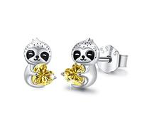 Sloth Stud Earrings Girls 925 Sterling Silver Sloth Earrings with Yellow Heart Cubic Zirconia Earrings Animal Stud Earrings Jewellery Sloth Birthstone Gifts for Women Kids Daughter Valentines Gifts