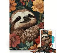 Sloth Surrounded by Flowers Illustration 1000 Pieces Jigsaw Puzzles for Adults Recall Upgrade Stress Relief Tight Cut Santa Wish Pick 38x26cm