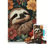 Sloth Surrounded by Flowers Illustration Jigsaw Puzzles 1000 Pieces for Teenagers Smart Toy Home Pastime Accurate Cut Thoughtful Gift 38x52cm