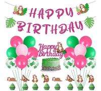 Sloth Theme Birthday Decorations, Sloth Hot Pink Happy Birthday Banner, Cake Cupcake Toppers Tropical Palm Leaves Latex Balloon for Jungle Animal Themed 1st 2nd 3rd Birthday Party Supplies