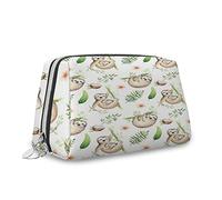 Sloth Theme, Makeup Bag Cosmetic Bag,Sloth and Mother Happy Family,Leather Organizer Make Up Bag Reusable Toiletry Bag,Brown Green,M
