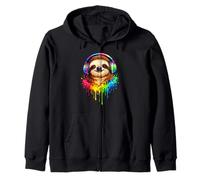 Sloth Wearing Headphones Cute Colorful Sloth Music Zip Hoodie