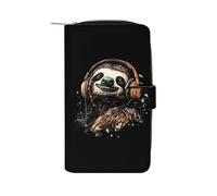 Sloth with Headphone Leather Men's Multifunctional Wallet with Card Slots Large Capacity Coin Purse Travel Zipper Wallets