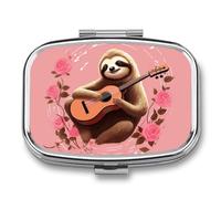 Sloth with Musical Notes on Background Pill Box - 2 Compartment Travel Pill Organizer with Small Mirror, Portable Pillcase for Pocket & Purse, Cute Square Medicine Case, Weekly Medicine Container