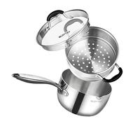 SLOTTET Tri-Ply Whole-Clad Stainless Steel Saucepan with Steamer,2.5 Qt Small Multipurpose Pot with Pour Spout,Strainer Glass Lid, 2 Quart Sauce Pan for Cooking with Stay-cool Handle.