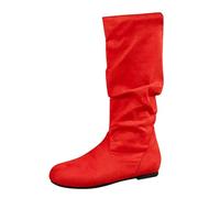 Slouch Mid Calf Flat Boots for Women UK Low Heels Flat Ankle Boots Red