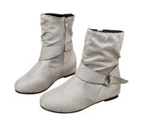 Slouch Mid Calf Flat Boots for Women UK Round Head Chunky Heel Boots Silver