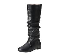 Slouchy Flat Knee High Boots for Women Low Heel Wide Calf Thigh High Boots Faux Leather Pull on Knee-Length Boot Autumn Winter Ladies Classic Footwear