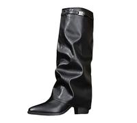 Slouchy Knee High Boots for Women UK PU Leather Chunky Heel Womens Slip On Sharp Toe Wrinkled Gathered Belt Strap Metal Party Glamorous Sophisticated Comfy Stylish Dress Shoes Black, Size 5.5