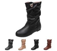 Slouchy Mid Calf Boots for Women No Heels PU Leather Pull-On Flat Low Heel Comfy Casual Pixie Soft Slouch Rouched Calf Length Boots Round Toe Under Knee High Shoes for Fall/Winter UK Footwear