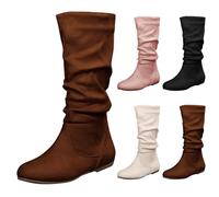 Slouchy Mid Calf Flat Boot for Women UK 6 Clearance Suede Slip-On Casual Boots with Side Zipper Pull-on Faux Leather Flats