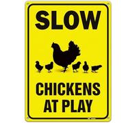 Slow Chickens At Play Aluminum Warning Metal Sign Tin Signs Aluminum Plaque for Outdoors Use Yard Farm Fence Home Wall Decor 8x12 inch