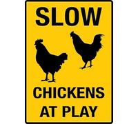 Slow Chickens At Play Easy Mounting Warning Metal Sign Tin Signs Aluminum Plaque for Outdoors Use Yard Farm Fence Home Wall Decor 8x12 inch