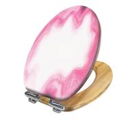 Slow Close Elongated Wood Toilet Seat with Watercolor Light Pink Beige Gradient Marble Texture Cover, Easy to Install, Quick Release Hinges, Decorative Bathroom Accessory