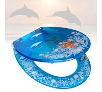 Slow-Close, Removable Resin Toilet Seat That Will Never Loosen, U/V/O Type Universal, Premium Stainless Steel Quick Release Hinge, Transparent 3D Blue Ocean Effects Decorative