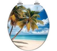 Slow Close Round Resin Toilet Seat, Palm Trees Tropical Beach Caribbean Pattern, Quiet Lid with Quick-Release Hinges, Easy to Clean & Install
