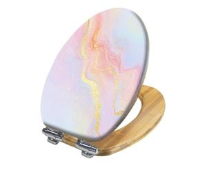 Slow Close Wood Elongated Toilet Seat with Cover, Cute Colorful Pastel Gold Marble Pattern, Quick Release Hinges, Easy to Install, Quiet Close, Decorative Bathroom Decor