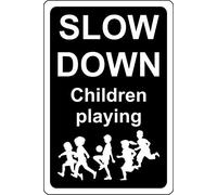Slow down children playing Road safety sign - 1.2mm Rigid plastic 300mm x 200mm