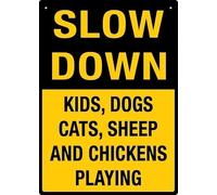 Slow Down Kids Dogs Cats Sheep And Chickens Playing For House Warning Metal Sign Tin Signs Aluminum Plaque for Outdoors Use Yard Farm Fence Home Wall Decor 8x12 inch