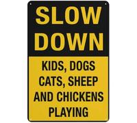 Slow Down Kids Dogs Cats Sheep And Chickens Playing Warning Metal Sign Tin Signs Aluminum Plaque for Outdoors Use Yard Farm Fence Home Wall Decor 8x12 inch