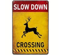 Slow Down Reindeer Crossing Sign Funny Farmhouse Security Warning Sign Rust Free Aluminum Plaque for Indoor Outdoor Man Cave Garage Home Business Christmas Wall Yard Decor 20x30 CM