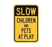 Slow Down Sign, Children and Pets at Play Sign, 18 x 12 Inches Engineer Grade Reflective Sheeting, Rust Free Aluminum, Weather Resistant, Waterproof, Durable Ink, Easy to Mount