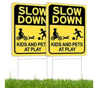 Slow Down Sign With Metal Stake 2Pack, Kids and Pets at Play Sign,16" x 12" Corrugated Plastic Double Sided Yard Sign, Child Safety Caution Signs, Children Sign for Street, Lawn Neighborhoods