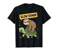 Slow Down Sloth Riding Turtle Funny Animal Cartoon T-Shirt
