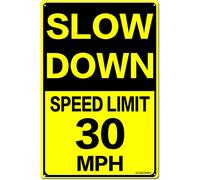 Slow Down Speed Limit 30 MPH Metal Sign, 8 x 12 Inches Traffic Sign, Black and Yellow Safety Sign, Easy Mounting Outdoor Use