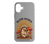 Slow Down The World Can Wait - Retro Hedgehog Mushroom Case for iPhone 16 Plus