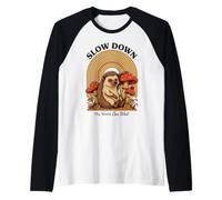 Slow Down The World Can Wait - Retro Hedgehog Mushroom Raglan Baseball Tee