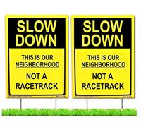Slow Down This Is Our Neighborhood Not A Racetrack Caution Yard Sign (2 Pack), Bright Yellow, Double Sided with Metal Stand 12"x18", Kids at Play Warning for Street