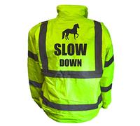 Slow Down With Horse Image Yellow Hi Vis Bomber Jacket Reflective, Equestrain, Horse Riding, Conforms to EN20471 Class 3, High Visibility, By Brook Hi Vis, Small