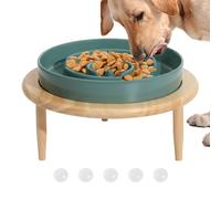 Slow Feed Dog Bowl - Ceramic Feeding Dish Non-Slip Wooden Stand Sturdy Structure Easy Clean Modern Pet Accessory