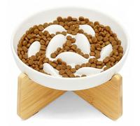 Slow Feeder Bowl for Cats and Small Dogs,Cilkus Fish Pool Design, Fun Interactive Bloat Stop Puzzle Feeder Bowl Healthy Eating Diet Made of Melamine Food Grade Material (White(Ceramic)-Bamboo Stand)