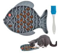 Slow Feeder Cat Bowl,Cat Slow Feeder Bowl,Cat Lick Mat,Cat Slow Feeder, Lick Mat for Cats, 1 PCS Fish Plate Gray,1PCS Blue Brush, Non-Slip Fish Design Dry Wet Bowl for Cats and Puppies
