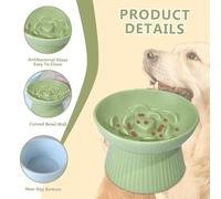 Slow Feeder Cat Bowl, Creative Flower Ceramic Cat Bowl with Stable Base, 300ml Non-Slip Anti-Glutton Anti-Vomiting Raised for Dry and Wet Food, Green