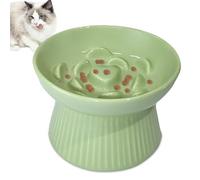 Slow Feeder Cat Bowl, Creative Flower Ceramic Cat Bowl with Stable Base, 300ml Non-Slip Anti-Glutton Anti-Vomiting Raised Cat Bowl for Dry and Wet Food, Green