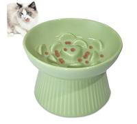 Slow Feeder Cat Bowl, Creative Flower Ceramic Cat Bowl with Stable Base, 300ml Non-Slip Anti-Glutton Anti-Vomiting Raised Cat Bowl for Dry and Wet Food, Green