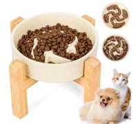 Slow Feeder Dog Bowl Small Breed,Elevated Slow Feeder Dog Bowl Anti-Gulp Ceramic Puzzle Maze Design Pet Dish with Bamboo Stand for Fast Eater 15cm Diameter(Beige White)