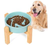 Slow Feeder Dog Bowl Small Breed,Elevated Slow Feeder Dog Bowl Anti-Gulp Ceramic Puzzle Maze Design Pet Dish with Bamboo Stand for Fast Eater 15cm Diameter(Light Green)