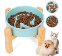 Slow Feeder Dog Bowl Small Breed,Elevated Slow Feeder Dog Bowl Ceramic Puzzle Maze Design Pet Dish with Bamboo Stand for Small and Medium Dogs(Light Green)