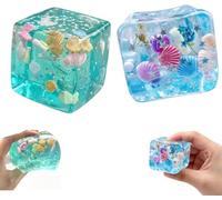 Slow Rise Squishy Cube, Ice Cube Stress Ball Fidget Toy, Ocean Shells Inside Sensory Stress Relief Toys for Adults Teens Classroom Prizes (2pc-AB)