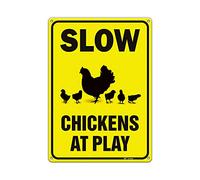Slow Sign Chickens at Play Chicken Crossing Sign Warning Sign - 10 x 14 In Reflective Aluminum Metal Sign,Funny Sign chicken farm,coop,yard,house decor-Weather Fade UV Corrosion Resistant