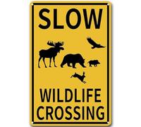 Slow Wildlife Crossing Road Sign Metal Tin Sign for Home Bar, Man Cave, and Garage