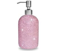 SlowVibes 18Oz Bling Pink Glass Soap Dispenser with Rust Proof Stainless Steel Pump,Crystal Glitter Refillable Liquid Hand Soap Dispenser for Bathroom,Rhinestone Body Wash Shower Glass Pump Bottle