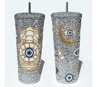 SlowVibes Handmade Evil Eyes Rhinestone Tumbler with Lid & Straw,24oz Stainless Steel Glitter Turkish Eye Coffee Cup,Reusable Bling Water Bottle for Hot & Cold Drinks,Sparkle Evil Eye Gifts for Women