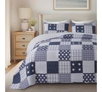 SLPR Americana Pride 2-Piece Quilt Set - Twin Size with 1 Sham, Lightweight Patriotic Bedding in Blue and White with Star and Plaid Patterns, Quilted Bedspread for Twin Bed